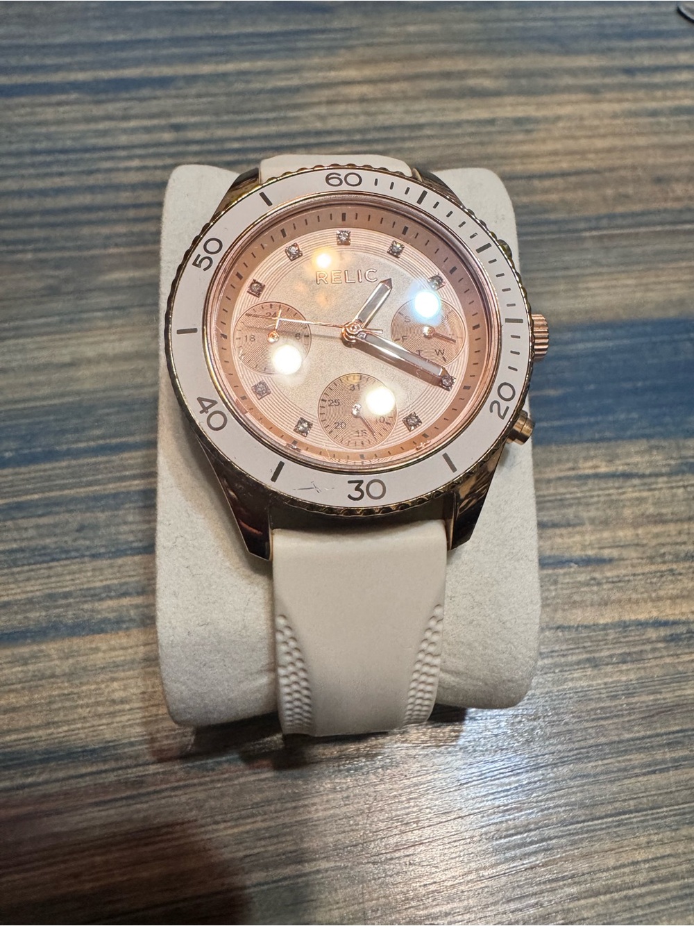 Relic Rose Gold Dial White Strap Chronograph Watch